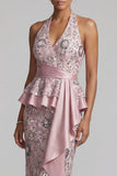 Robe midi de la mère de la mariée à dos nus rose pâle drapée midi avec perles