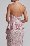 Robe midi de la mère de la mariée à dos nus rose pâle drapée midi avec perles