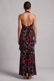 Robe noire de mère de la mariée à col nu à col nu, en velours fleuraux longs et fourreau