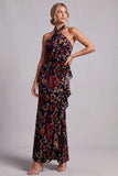 Robe noire de mère de la mariée à col nu à col nu, en velours fleuraux longs et fourreau