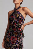 Robe noire de mère de la mariée à col nu à col nu, en velours fleuraux longs et fourreau