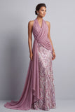 Wisteria Chiffon à col nu et paillettes traîne sirène balayée Costume de la mère de la mariée avec drapé