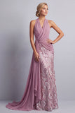 Wisteria Chiffon à col nu et paillettes traîne sirène balayée Costume de la mère de la mariée avec drapé