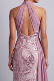 Wisteria Chiffon à col nu et paillettes traîne sirène balayée Costume de la mère de la mariée avec drapé