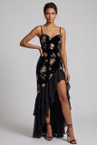 Velous noir broderie florale Sequins Robe asymétrique en ligne A Mère de la Mariée avec fente à volants