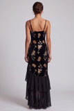Velous noir broderie florale Sequins Robe asymétrique en ligne A Mère de la Mariée avec fente à volants