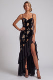 Velous noir broderie florale Sequins Robe asymétrique en ligne A Mère de la Mariée avec fente à volants