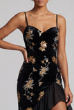 Velous noir broderie florale Sequins Robe asymétrique en ligne A Mère de la Mariée avec fente à volants