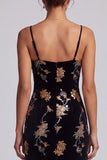 Velous noir broderie florale Sequins Robe asymétrique en ligne A Mère de la Mariée avec fente à volants
