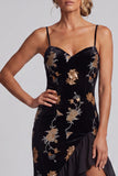 Velous noir broderie florale Sequins Robe asymétrique en ligne A Mère de la Mariée avec fente à volants