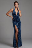 Velous bleu marine foncé, col nu à col nu, fourreau froissé, Jacquard longue robe de mère de la mariée avec fente latérale