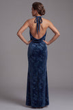 Velous bleu marine foncé, col nu à col nu, fourreau froissé, Jacquard longue robe de mère de la mariée avec fente latérale
