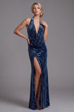Velous bleu marine foncé, col nu à col nu, fourreau froissé, Jacquard longue robe de mère de la mariée avec fente latérale