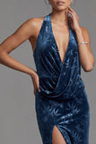 Velous bleu marine foncé, col nu à col nu, fourreau froissé, Jacquard longue robe de mère de la mariée avec fente latérale
