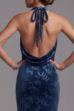 Velous bleu marine foncé, col nu à col nu, fourreau froissé, Jacquard longue robe de mère de la mariée avec fente latérale