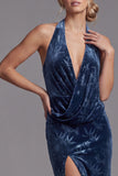 Velous bleu marine foncé, col nu à col nu, fourreau froissé, Jacquard longue robe de mère de la mariée avec fente latérale