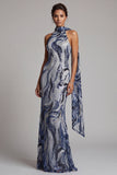 Sequins bleu marine sirène à col montant longue robe de mère de la mariée avec perles
