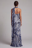Sequins bleu marine sirène à col montant longue robe de mère de la mariée avec perles