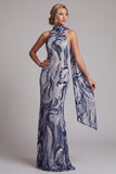 Sequins bleu marine sirène à col montant longue robe de mère de la mariée avec perles
