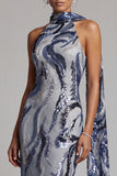 Sequins bleu marine sirène à col montant longue robe de mère de la mariée avec perles