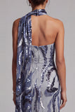 Sequins bleu marine sirène à col montant longue robe de mère de la mariée avec perles