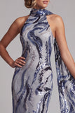 Sequins bleu marine sirène à col montant longue robe de mère de la mariée avec perles