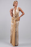Champagne velout, col à col à cou fleuri, fourreau de jacquard, longue robe de mère de la mariée avec écharpe