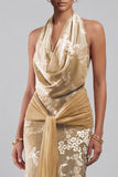 Champagne velout, col à col à cou fleuri, fourreau de jacquard, longue robe de mère de la mariée avec écharpe