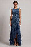 Robe mère de la mariée à col bateau bleu marine foncé en velours Jacquard, asymétrique avec fente à volants