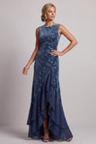 Robe mère de la mariée à col bateau bleu marine foncé en velours Jacquard, asymétrique avec fente à volants