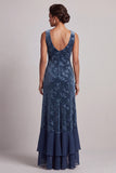 Robe mère de la mariée à col bateau bleu marine foncé en velours Jacquard, asymétrique avec fente à volants