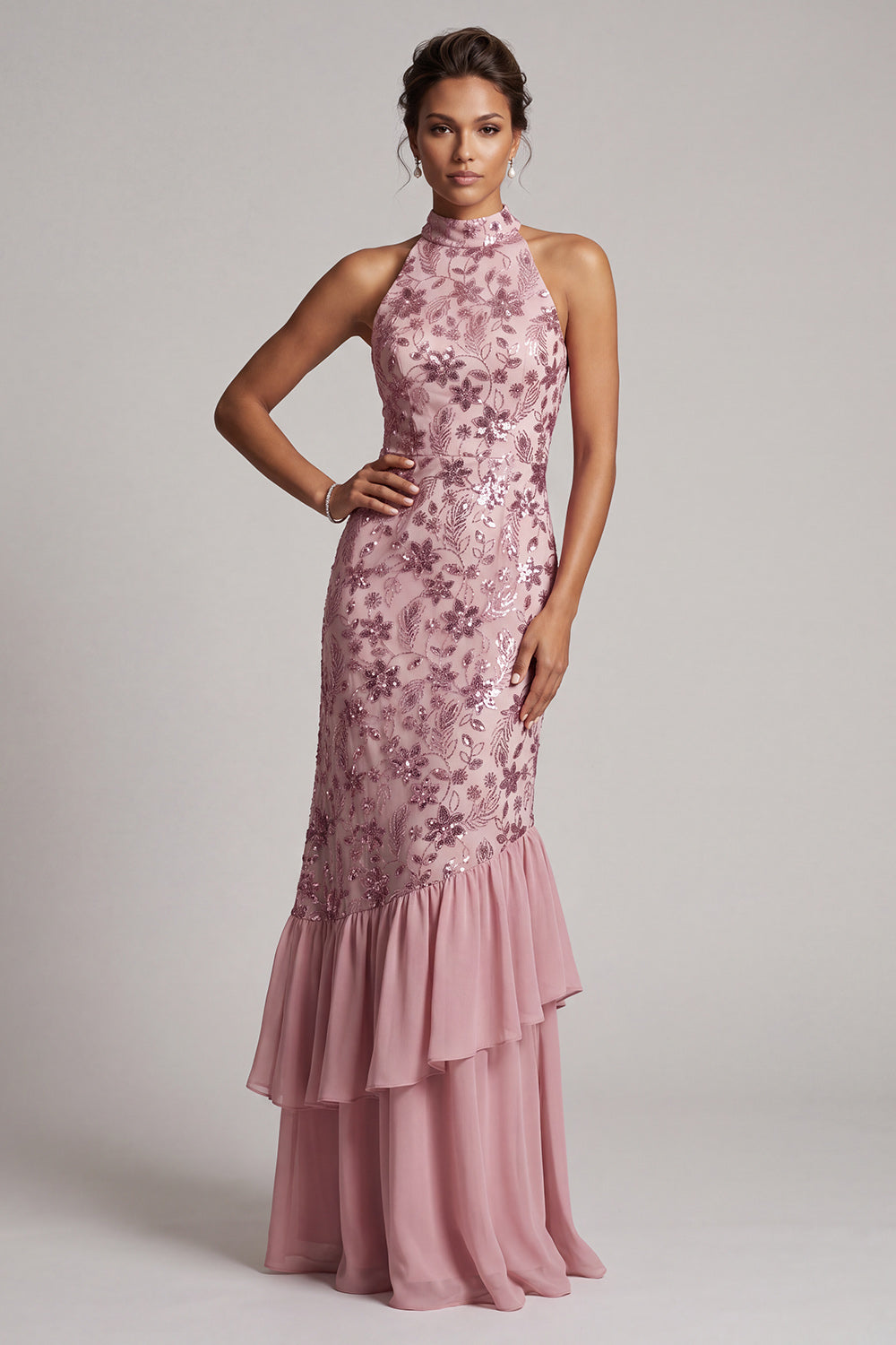 Vintage mauve à volants à niveaux, paillettes dos nu, longue robe de mère de mariée