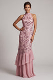 Vintage mauve à volants à niveaux, paillettes dos nu, longue robe de mère de mariée
