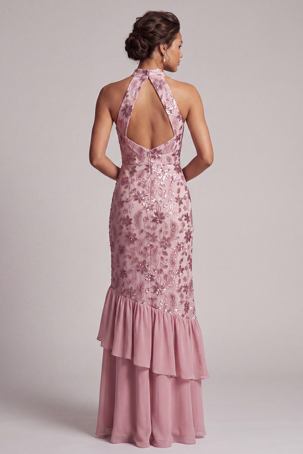 Vintage mauve à volants à niveaux, paillettes dos nu, longue robe de mère de mariée