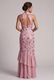 Vintage mauve à volants à niveaux, paillettes dos nu, longue robe de mère de mariée