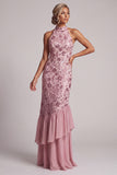 Vintage mauve à volants à niveaux, paillettes dos nu, longue robe de mère de mariée