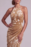 Velous champagne à col nu et sirène longue robe de la mère de la mariée avec drapé