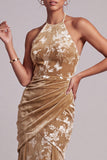 Velous champagne à col nu et sirène longue robe de la mère de la mariée avec drapé