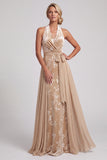 Robe de la mère de la mariée en velours de champagne à col liu Jacquard longue et écharpe