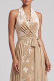 Robe de la mère de la mariée en velours de champagne à col liu Jacquard longue et écharpe