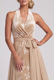 Robe de la mère de la mariée en velours de champagne à col liu Jacquard longue et écharpe