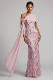 Robe longue de la mère de la mariée en paillettes rose rose scintillante à une épaule