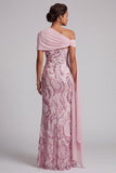 Robe longue de la mère de la mariée en paillettes rose rose scintillante à une épaule