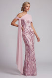 Robe longue de la mère de la mariée en paillettes rose rose scintillante à une épaule