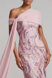 Robe longue de la mère de la mariée en paillettes rose rose scintillante à une épaule