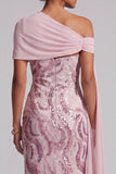 Robe longue de la mère de la mariée en paillettes rose rose scintillante à une épaule