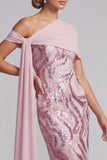 Robe longue de la mère de la mariée en paillettes rose rose scintillante à une épaule
