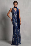 Robe longue de la mère de la mariée en dentelle bleu marine foncé en dentelle marine avec drapé