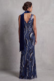 Robe longue de la mère de la mariée en dentelle bleu marine foncé en dentelle marine avec drapé