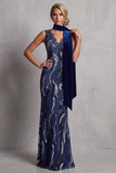 Robe longue de la mère de la mariée en dentelle bleu marine foncé en dentelle marine avec drapé